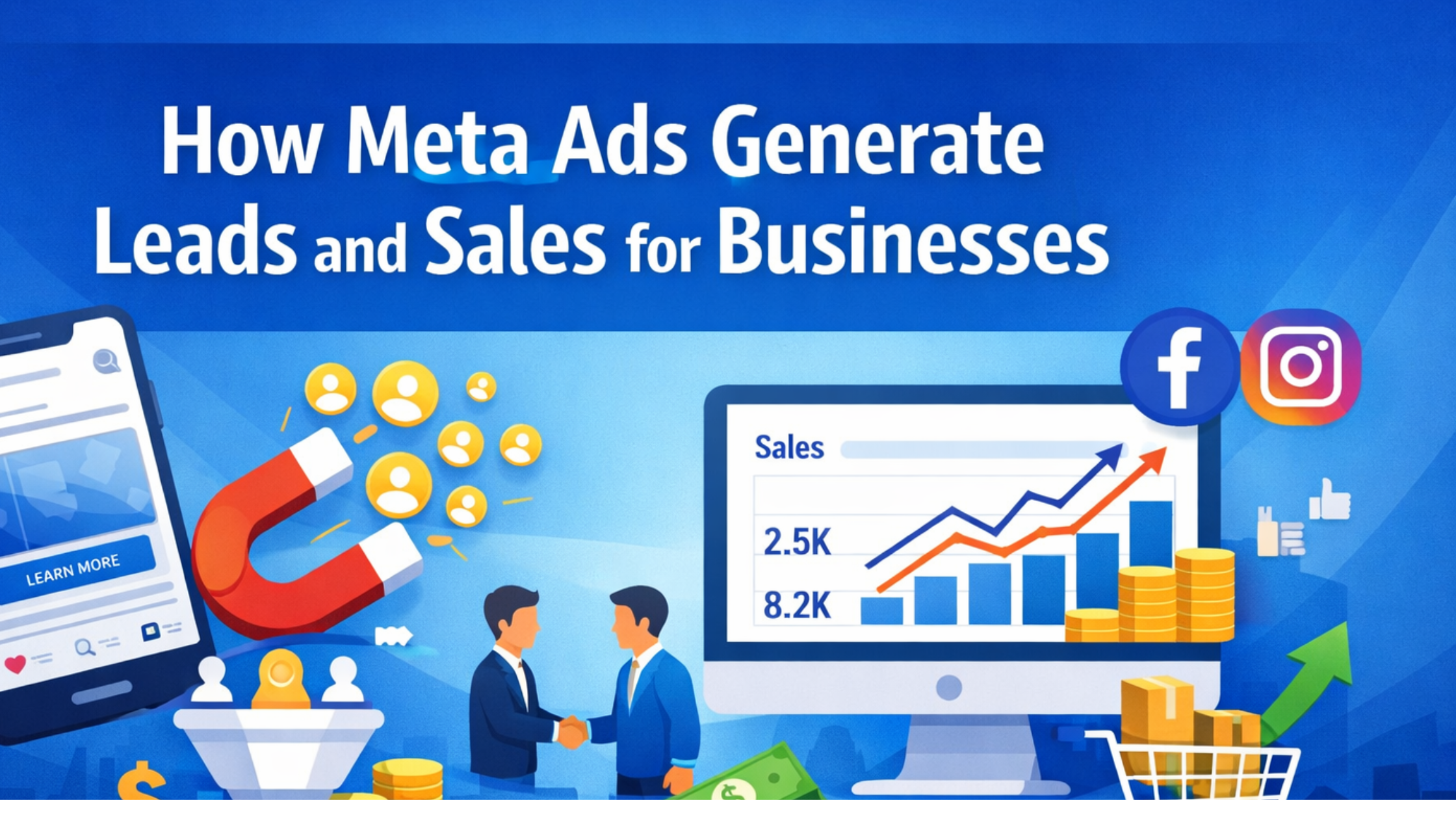 Meta Ads illustration showing lead generation and sales growth for businesses